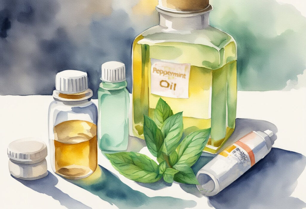 painting still life of peppermint oil in medicine jars.
