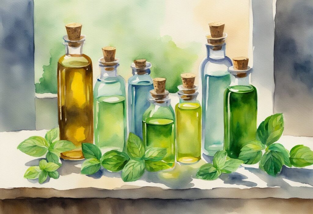 painting of apothecary jars of on a window sill