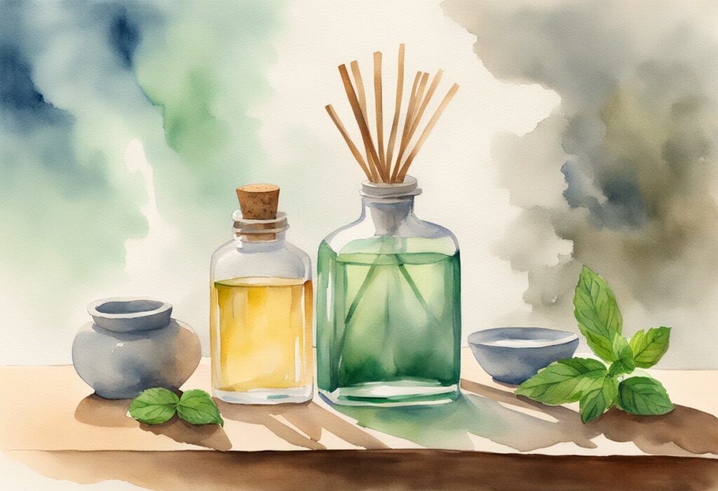 watercolor still life of bamboo diffusers on a counter