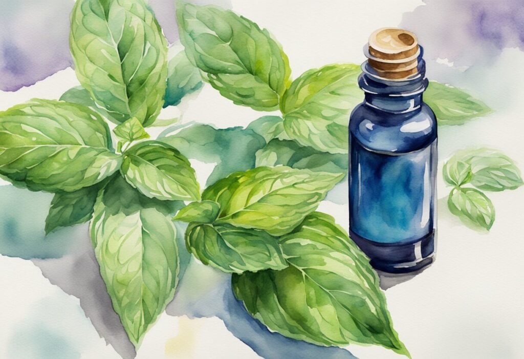 watercolor painting of peppermint leaves and a blue jar