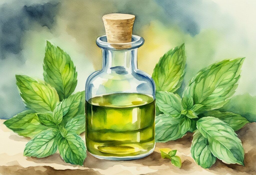 painting of green peppermint oil with leaves in the background