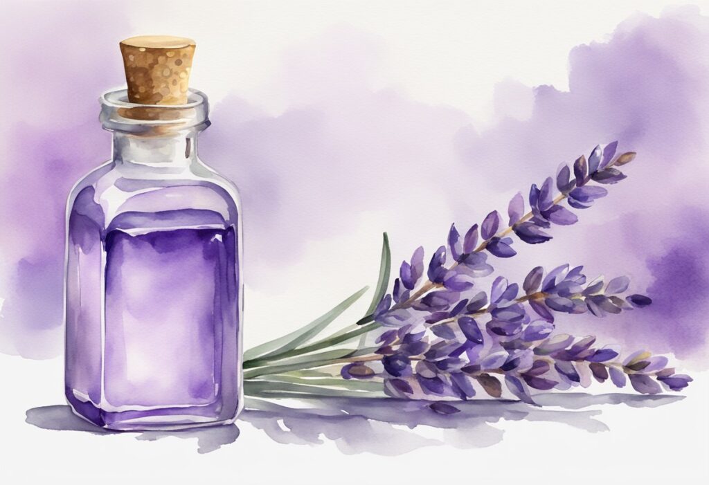watercolor of lavender essential oil and flowers on a table