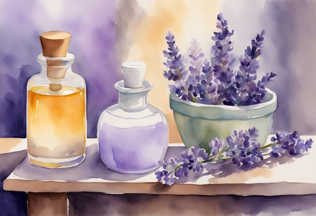Watercolor of essential oils and lavender flowers