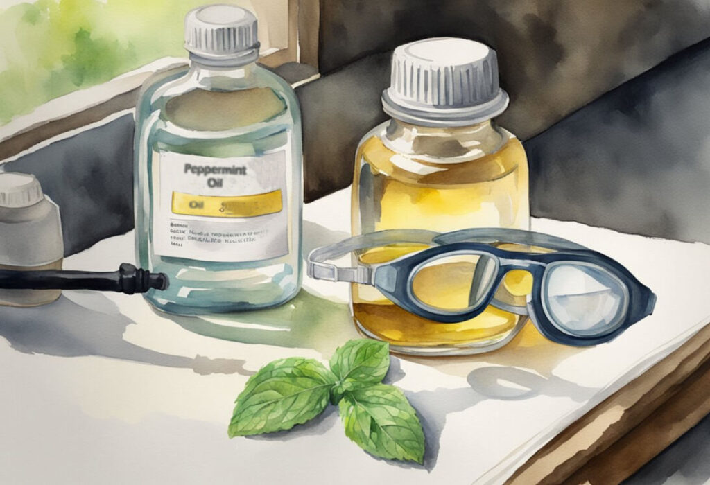 watercolor of safety googles and peppermint oil on a counter